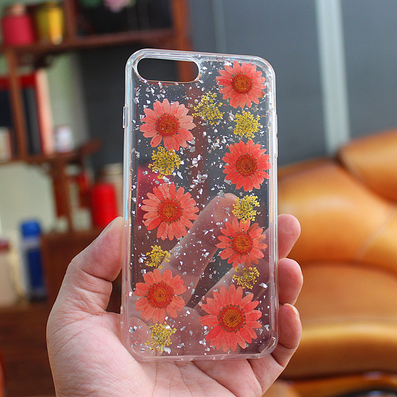 Custodia per cellulare in TPU + PC con gocce glitterate e fiore interno realizzato a mano per iPhone 6 Plus \/ 7 Plus \/ 8 Plus